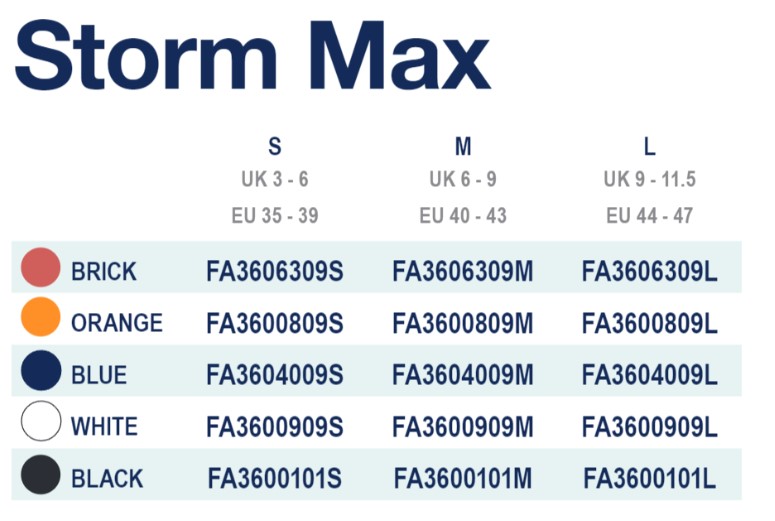 Tableau guide des tailles palmes Storm Max